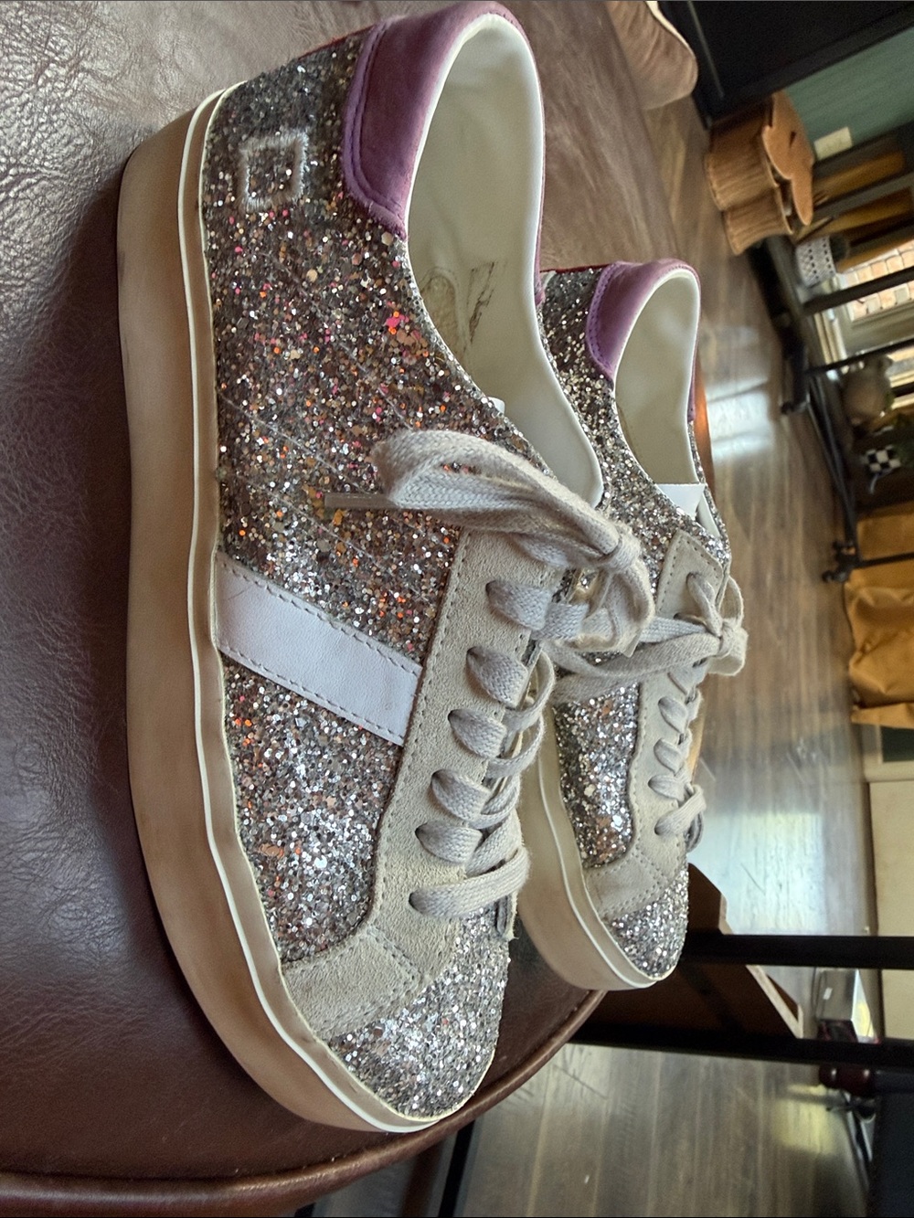 D.A.T.E Premium Women’s Glitter Low-Top Sneakers in Silver and Pink